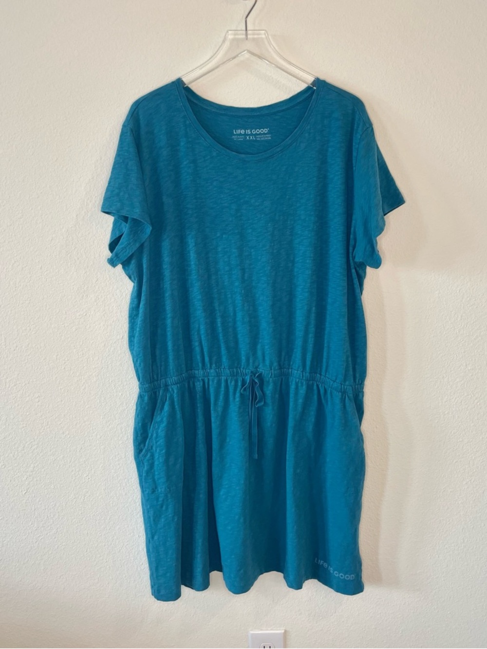 Life Is Good Teal Drawstring Waist Casual T Shirt Dress 100% Cotton